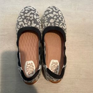 Hey Dude black leopard slip ons